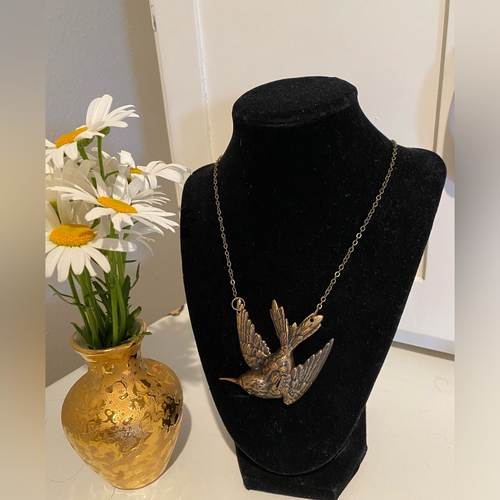 Statement Jewelry Antique brass finish 3D Hummingbird hand hammer wing Necklace